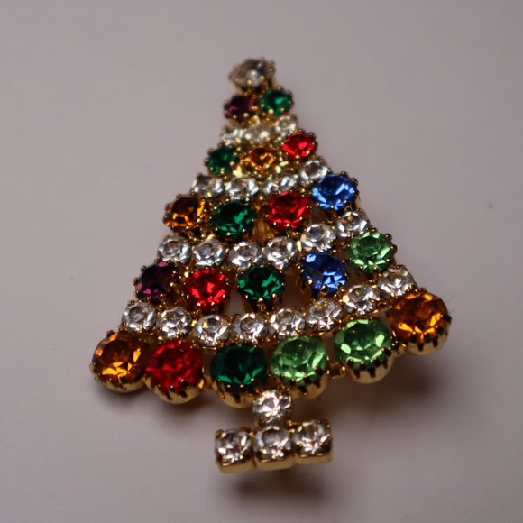 Tri-Colored Golden Christmas Tree Brooch - Picture 1 of 2
